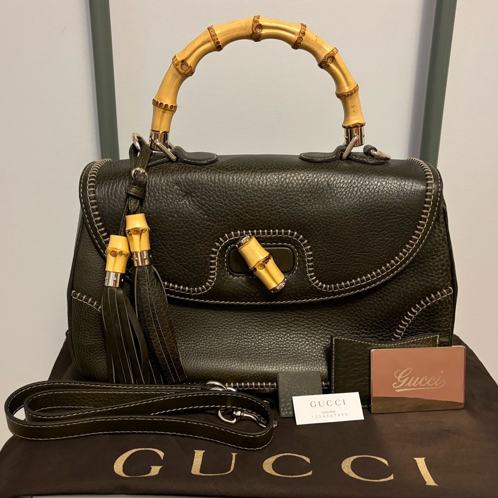 Gucci Green Leather Bamboo Top Handle Large Bag